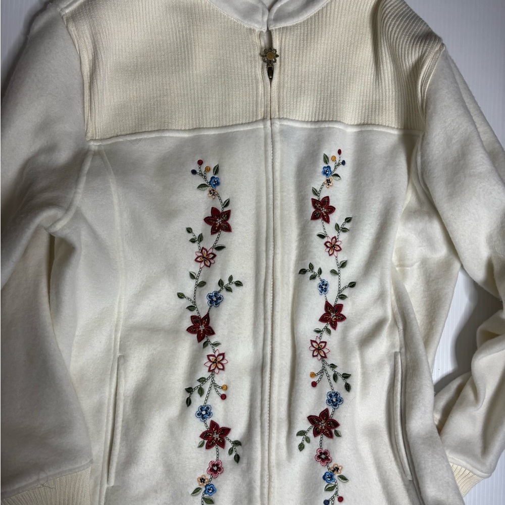 Alfred Dunner Cream Floral Embroidered large zip up
